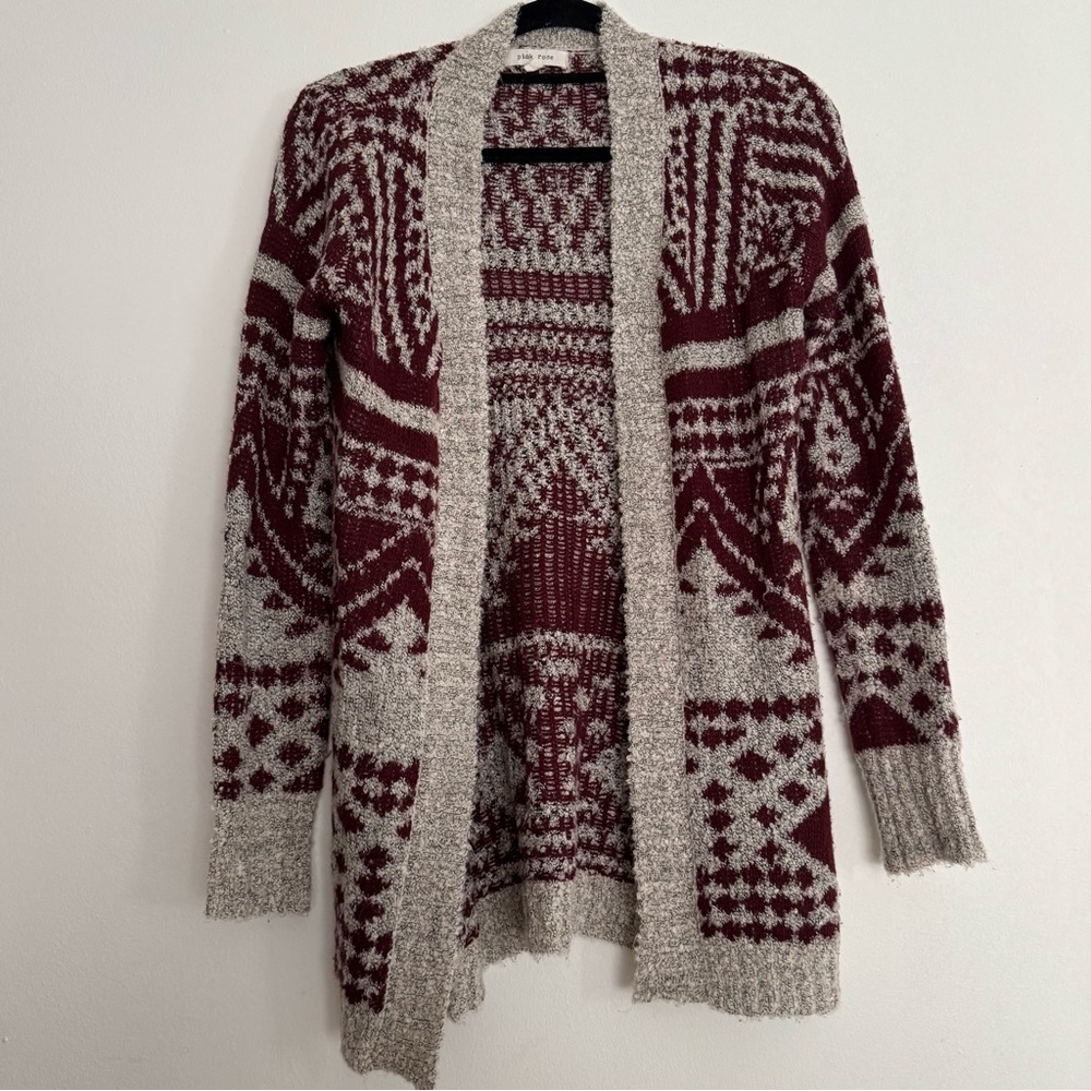 Pink Rose Maroon and Beige Patterned Cardigan